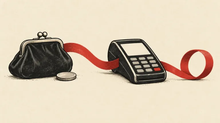 Minca pri zatvorenej peňaženke a jednoduchý terminál s potvrdeným spojením. Ilustračný obrázok vytvorený pomocou AI.