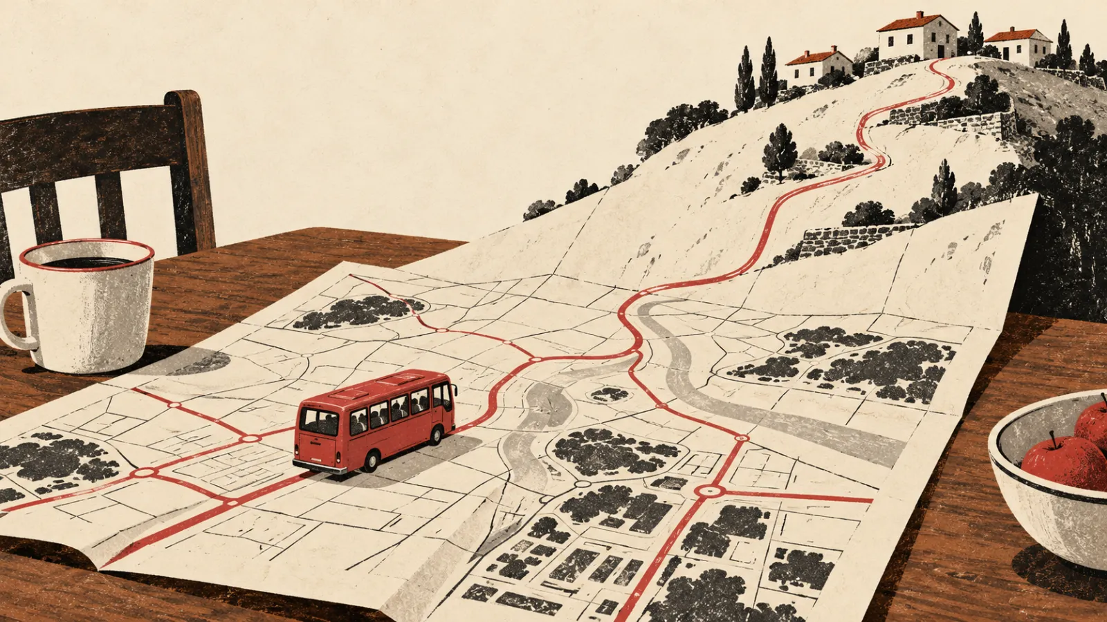 Ilustračný obrázok vytvorený pomocou AI: červený mikrobus na papierovej mape, ktorá sa dvíha do kopca s domami.