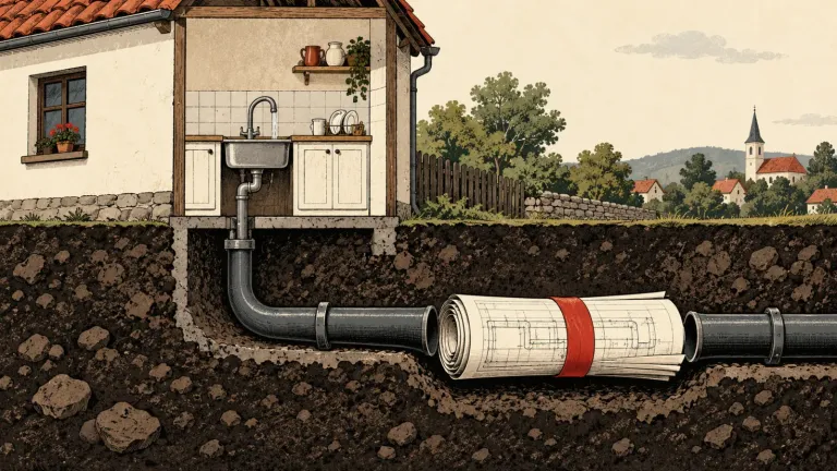 Ilustračný obrázok vytvorený pomocou AI: dom s drezom a chýbajúci úsek potrubia symbolicky nahradený zvitkom projektových výkresov.