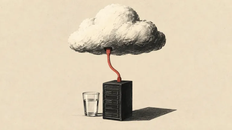 Ilustračný obrázok vytvorený pomocou AI: oblak spojený červeným káblom so serverovou skriňou vedľa pohára vody.