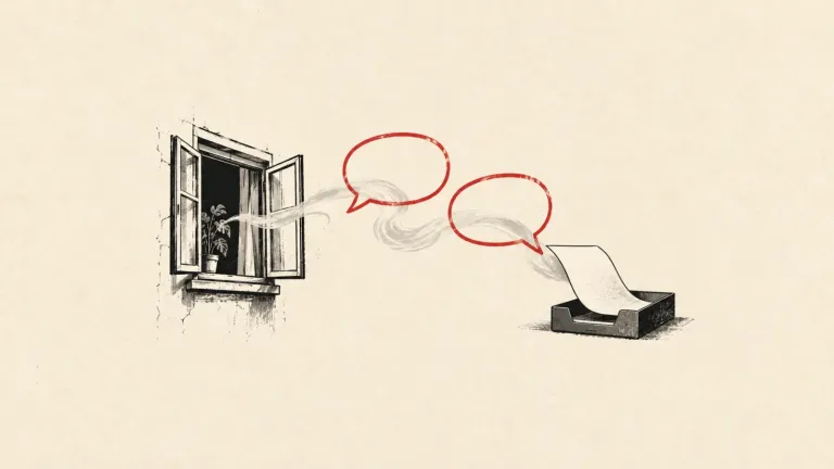Ilustračný obrázok vytvorený pomocou AI: prúd vzduchu pri okne prechádza prázdnymi komunikačnými bublinami k papieru v podnose.