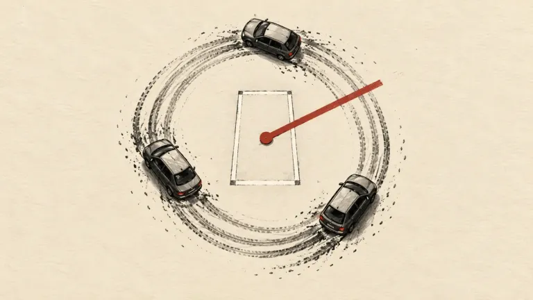 Autá krúžia okolo parkovacieho miesta po stope v tvare hodín. Ilustračný obrázok vytvorený pomocou AI.