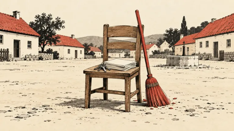 Prázdna stolička s kľúčmi a papiermi uprostred obraznej dedinskej návsi. Ilustračný obrázok vytvorený pomocou AI.