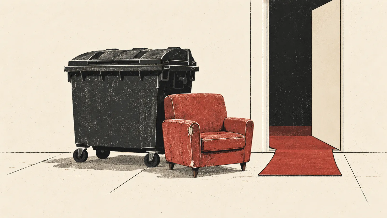 Staré kreslo pri kontajneri vedľa prahu s červenou rohožkou. Ilustračný obrázok vytvorený pomocou AI.