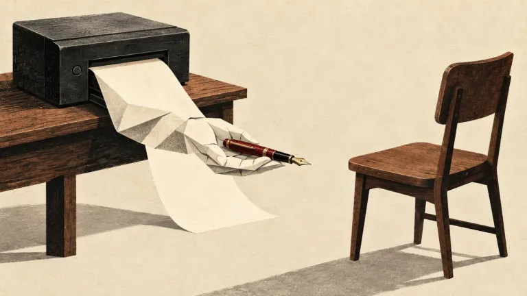 Papierová ruka z tlačiarne ponúka pero vedľa prázdnej stoličky. Ilustračný obrázok vytvorený pomocou AI.