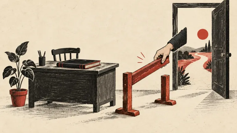 Ilustračný obrázok vytvorený pomocou AI: ruka odstraňuje červenú prekážku medzi pracovným stolom a otvorenými dverami.