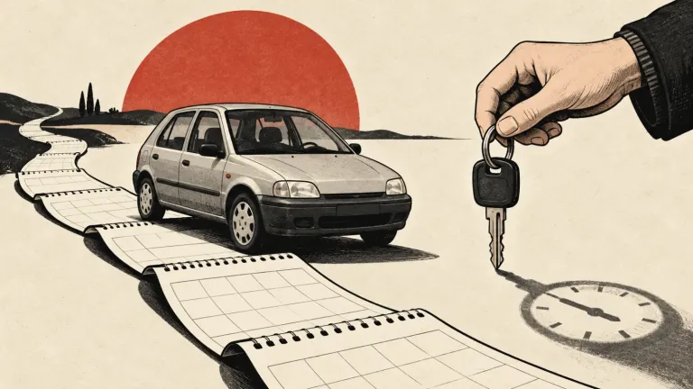 Ilustračný obrázok vytvorený pomocou AI: ojazdené auto na ceste z kalendárov a kľúč s tieňom hodín.
