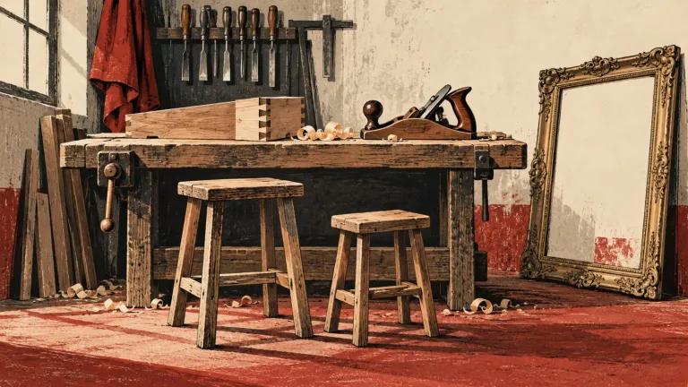 Ilustračný obrázok vytvorený pomocou AI: ponk s hoblíkom, dve prázdne stoličky pre majstra a učňa, bokom prázdny ozdobný rám.
