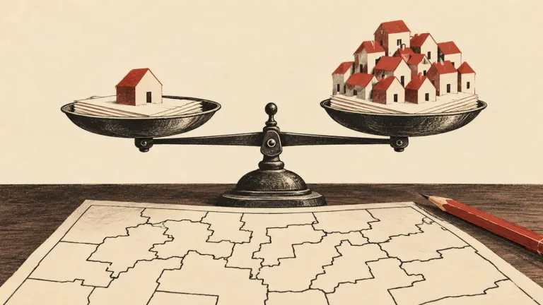 Váhy s hlasovacími lístkami a rôznym počtom domov nad mapou. Ilustračný obrázok vytvorený pomocou AI.
