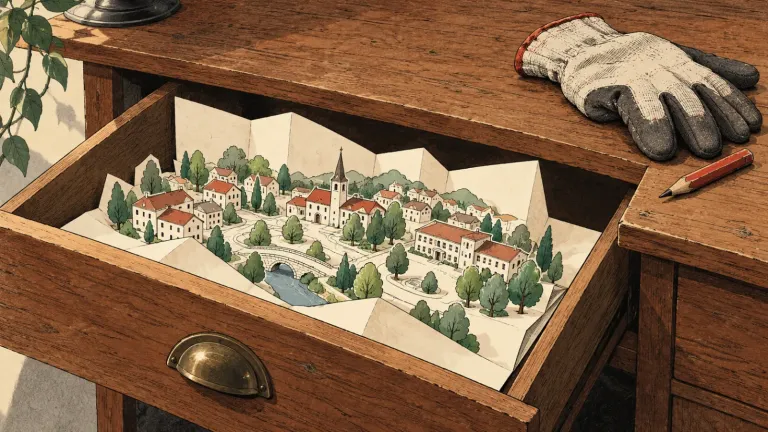 Papierové mestečko uložené v zásuvke, vedľa pracovná rukavica a ceruzka. Ilustračný obrázok vytvorený pomocou AI.