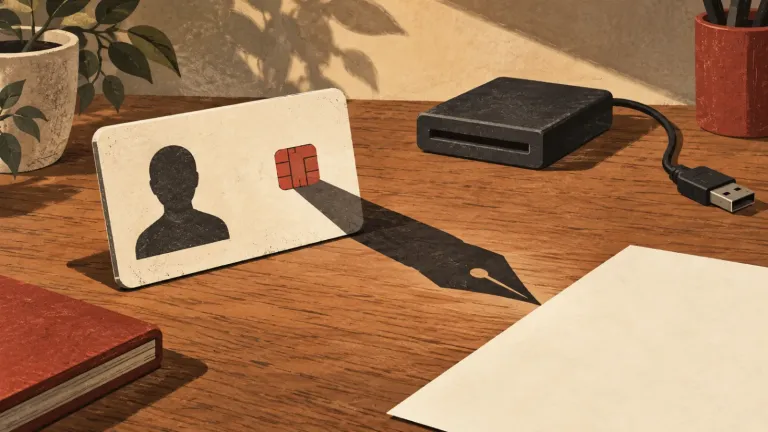 Neoznačená karta s čipom vrhá tieň pera k prázdnemu papieru. Ilustračný obrázok vytvorený pomocou AI.