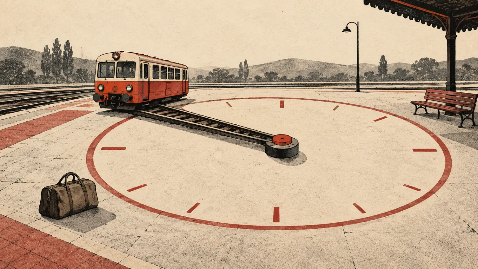 Ilustračný obrázok vytvorený pomocou AI: starší regionálny vlak na koľajnici, ktorá sa pred ním mení na ručičku veľkých hodín bez číslic.