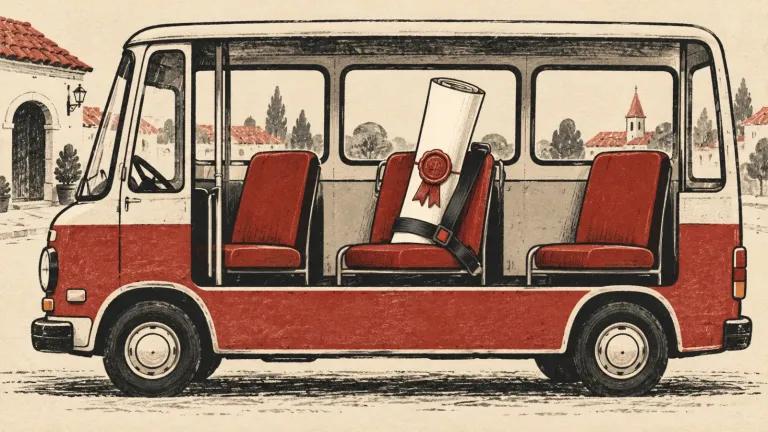 Ilustračný obrázok vytvorený pomocou AI: zrolovaný diplom s pečaťou ako cestovná batožina na sedadle malého autobusu.