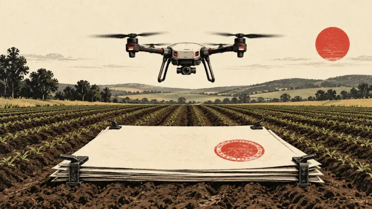 Ilustračný obrázok vytvorený pomocou AI: poľnohospodársky dron sa vznáša nad poľom pri papierovej pristávacej ploche z prázdnych úradných listov.
