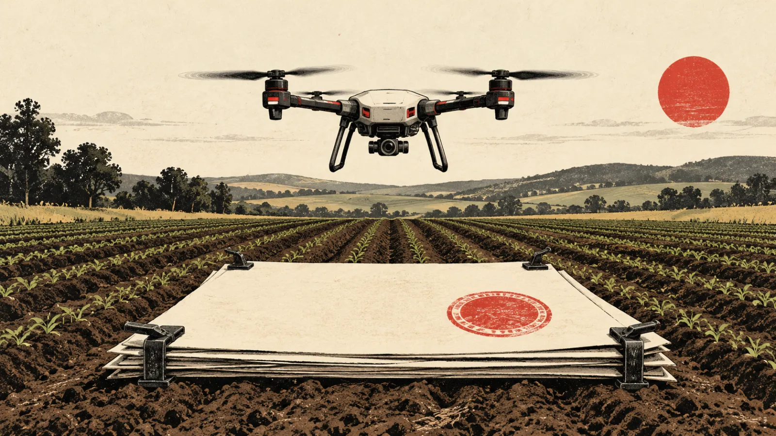 Ilustračný obrázok vytvorený pomocou AI: poľnohospodársky dron sa vznáša nad poľom pri papierovej pristávacej ploche z prázdnych úradných listov.
