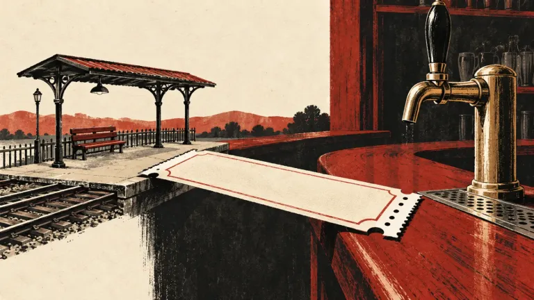 Ilustračný obrázok vytvorený pomocou AI: prázdny vlakový lístok spája nástupište s pultom staničného bufetu.