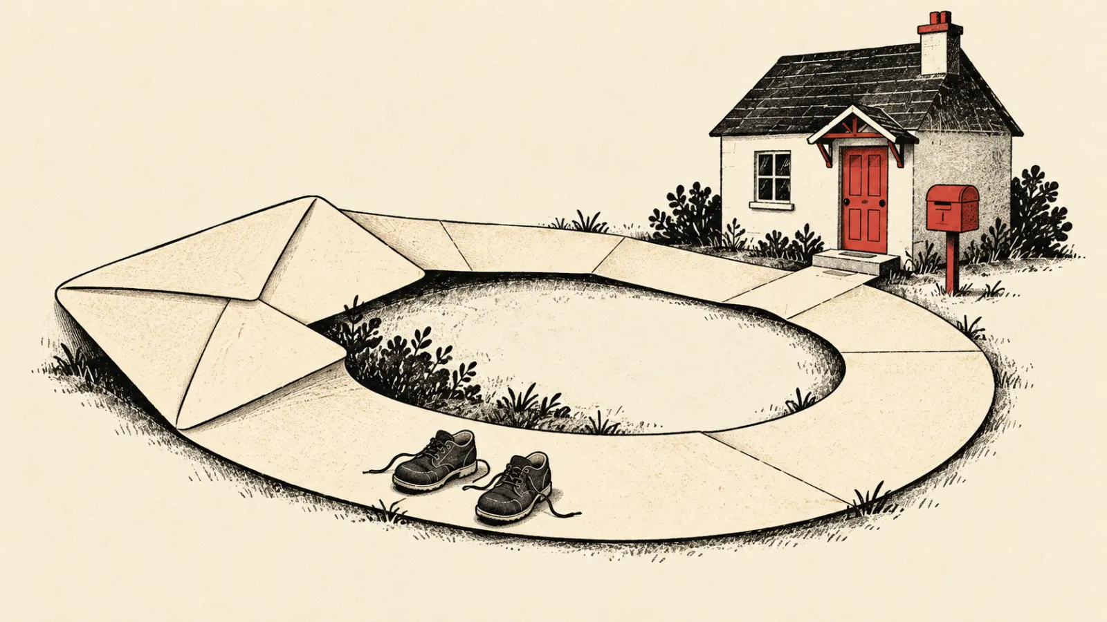 Ilustračný obrázok vytvorený pomocou AI: obálka sa mení na okružný chodník, ktorý sa vracia k tým istým domovým dverám.