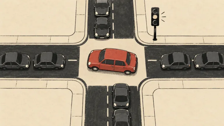 Jedno auto blokuje stred križovatky, kým ostatné čakajú pri voľných smeroch. Ilustračný obrázok vytvorený pomocou AI.