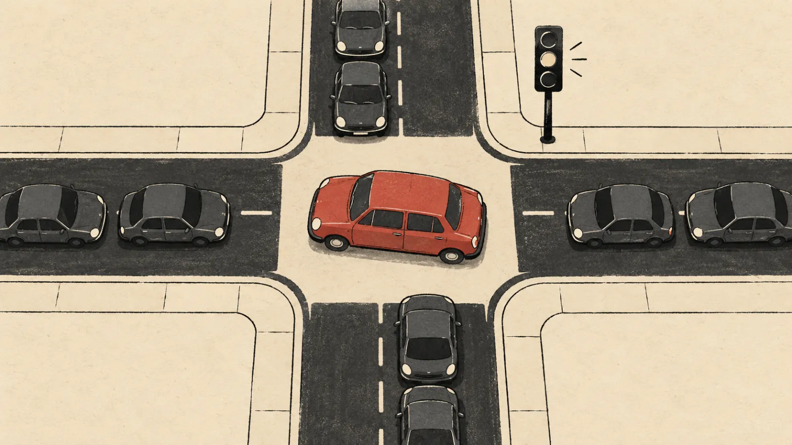 Jedno auto blokuje stred križovatky, kým ostatné čakajú pri voľných smeroch. Ilustračný obrázok vytvorený pomocou AI.