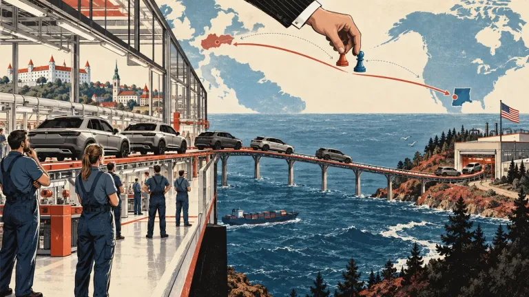 Ilustračný AI obrázok: výrobná linka a autá smerujúce z Bratislavy cez Atlantik do USA.
