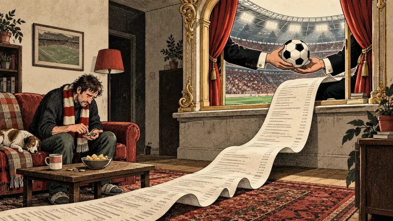 Ilustračný obrázok vytvorený AI: futbalová lopta a obrovská účtenka prechádzajú oknom do obývačky fanúšika.