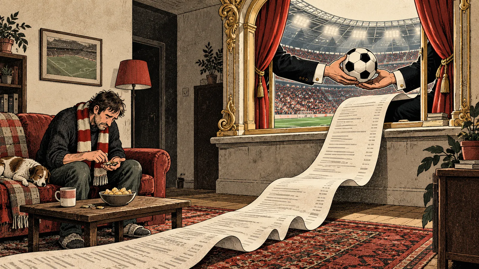Ilustračný obrázok vytvorený AI: futbalová lopta a obrovská účtenka prechádzajú oknom do obývačky fanúšika.