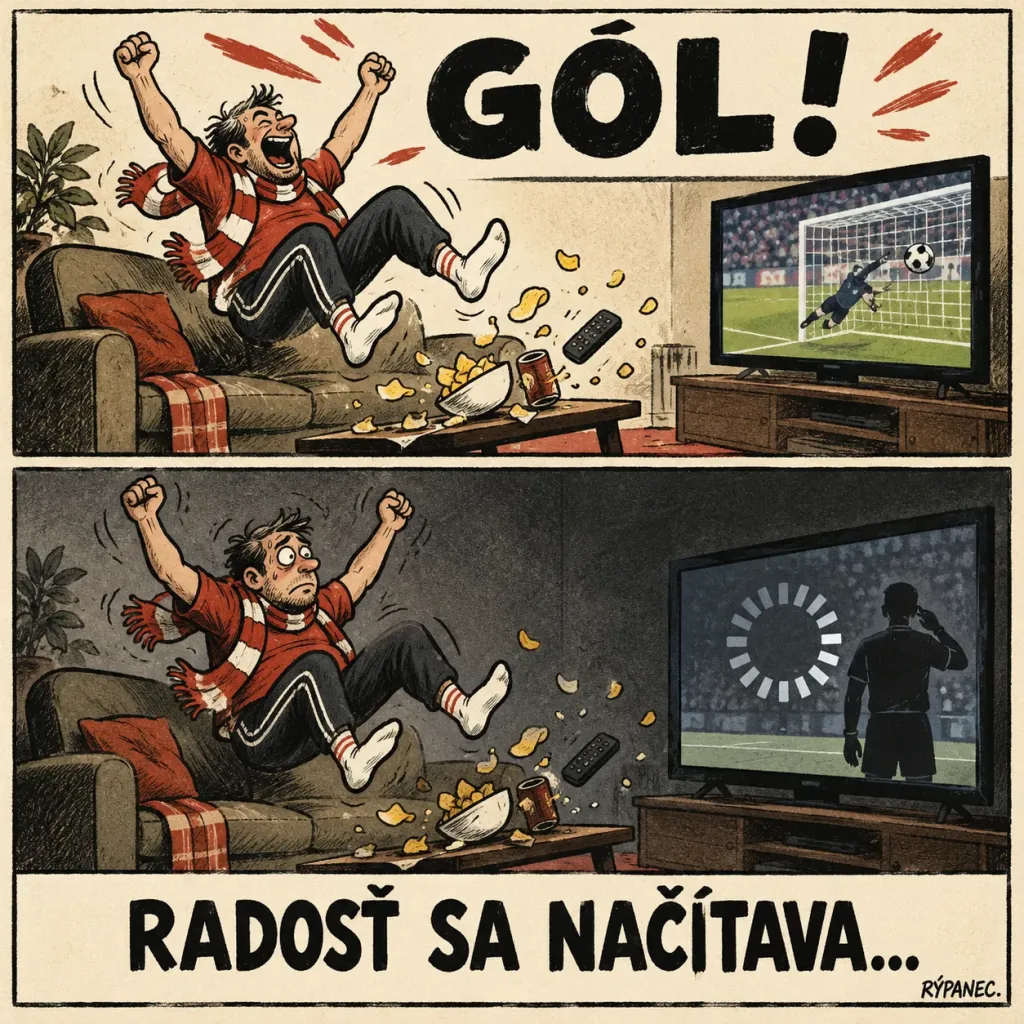 Pôvodný AI meme: fanúšik oslavuje gól a potom zostane zamrznutý pri čakaní na VAR. Text: Gól! Radosť sa načítava.