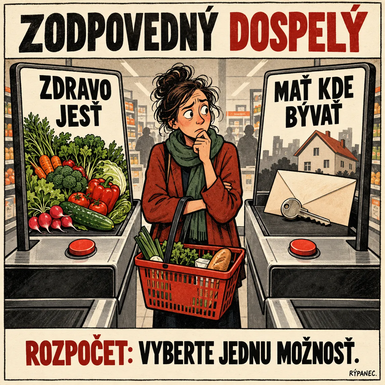 Pôvodný AI meme: zákazníčka vyberá medzi možnosťami Zdravo jesť a Mať kde bývať. Rozpočet: vyberte jednu možnosť.