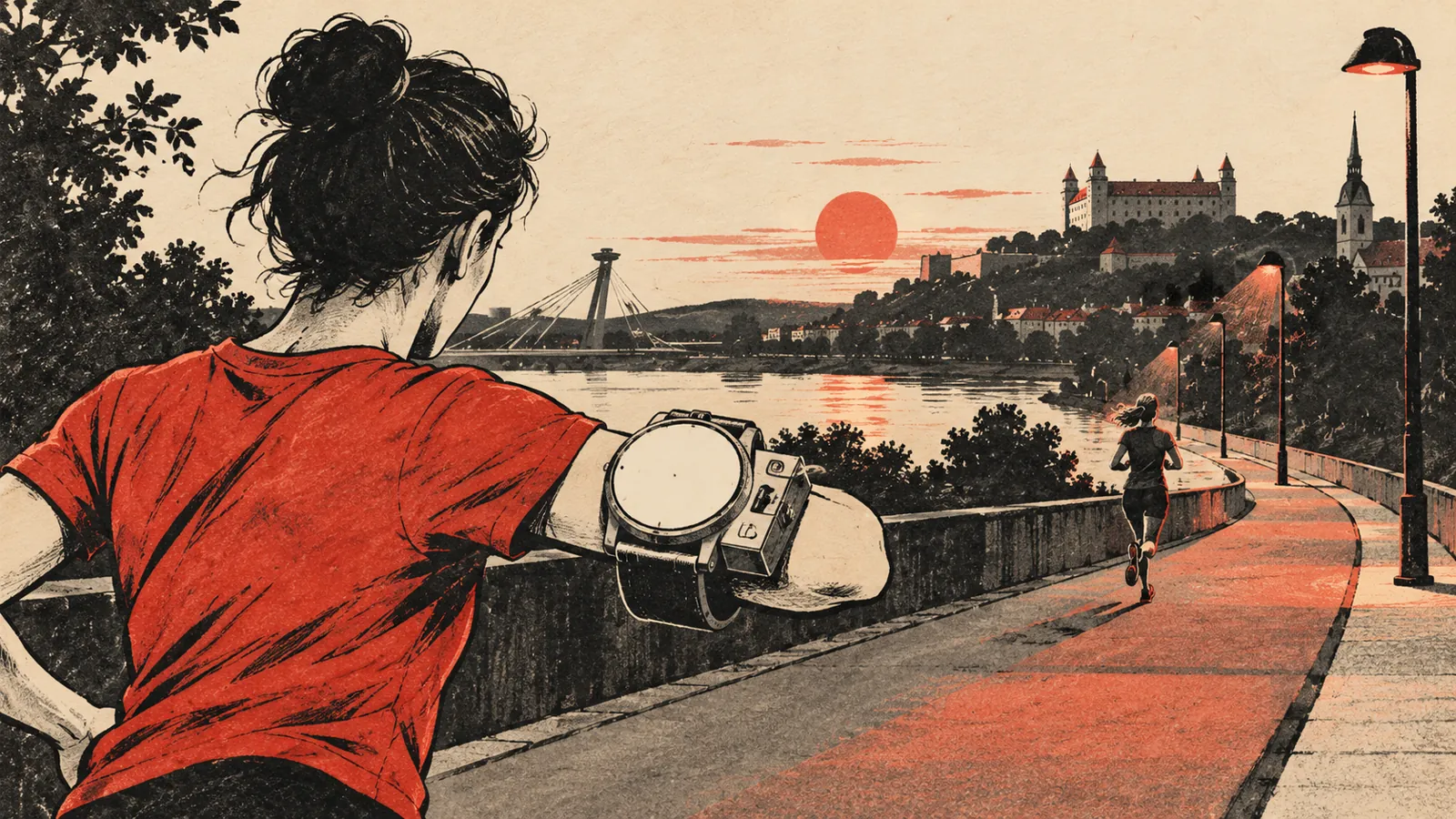 Ilustračný obrázok vytvorený AI: rekreačný bežec nesie na zápästí obrovské hodinky ako kancelárske dochádzkové hodiny vo večernom meste.