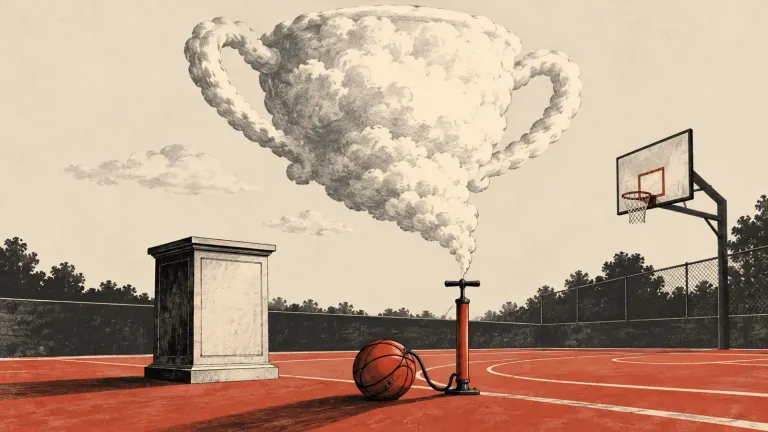 Ilustračný obrázok vytvorený AI: nad basketbalovou palubovkou sa vznáša obrovský pohár v tvare nafúknutého oblaku, pri ňom stojí malá pumpa.