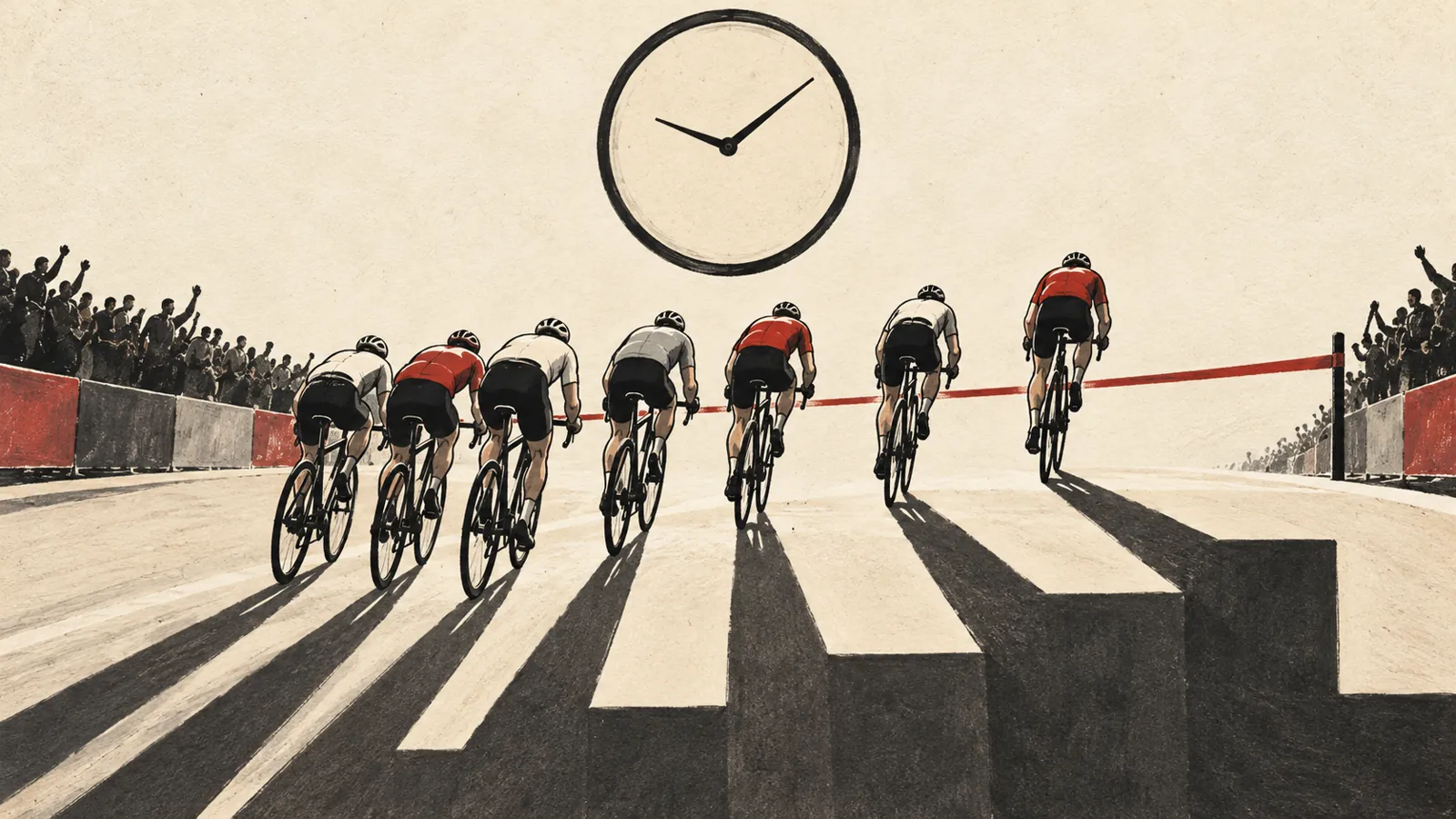 Ilustračný obrázok vytvorený pomocou AI: anonymní cyklisti pod hodinami, ktorých tiene vytvárajú stupne pódia.
