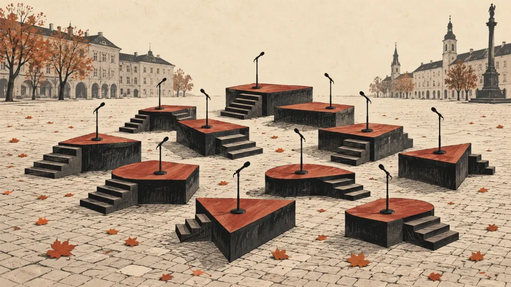 Ilustračný obrázok vytvorený AI: drevené pódium rozdelené na malé ostrovčeky so samostatnými mikrofónmi na jesennom námestí.