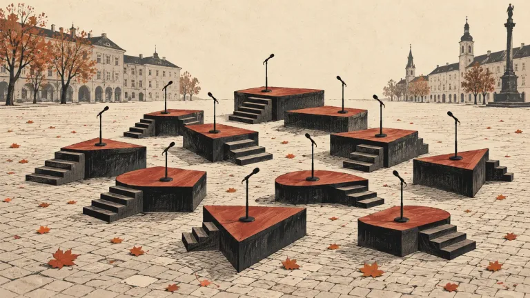Ilustračný obrázok vytvorený AI: drevené pódium rozdelené na malé ostrovčeky so samostatnými mikrofónmi na jesennom námestí.