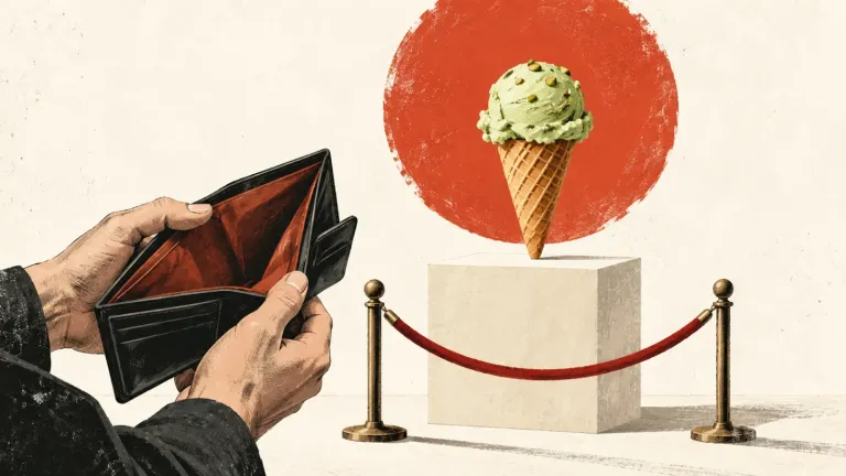 Redakčná ilustrácia vytvorená pomocou AI: zmrzlinový kopček na podstavci za zábranou a otvorená prázdna peňaženka.